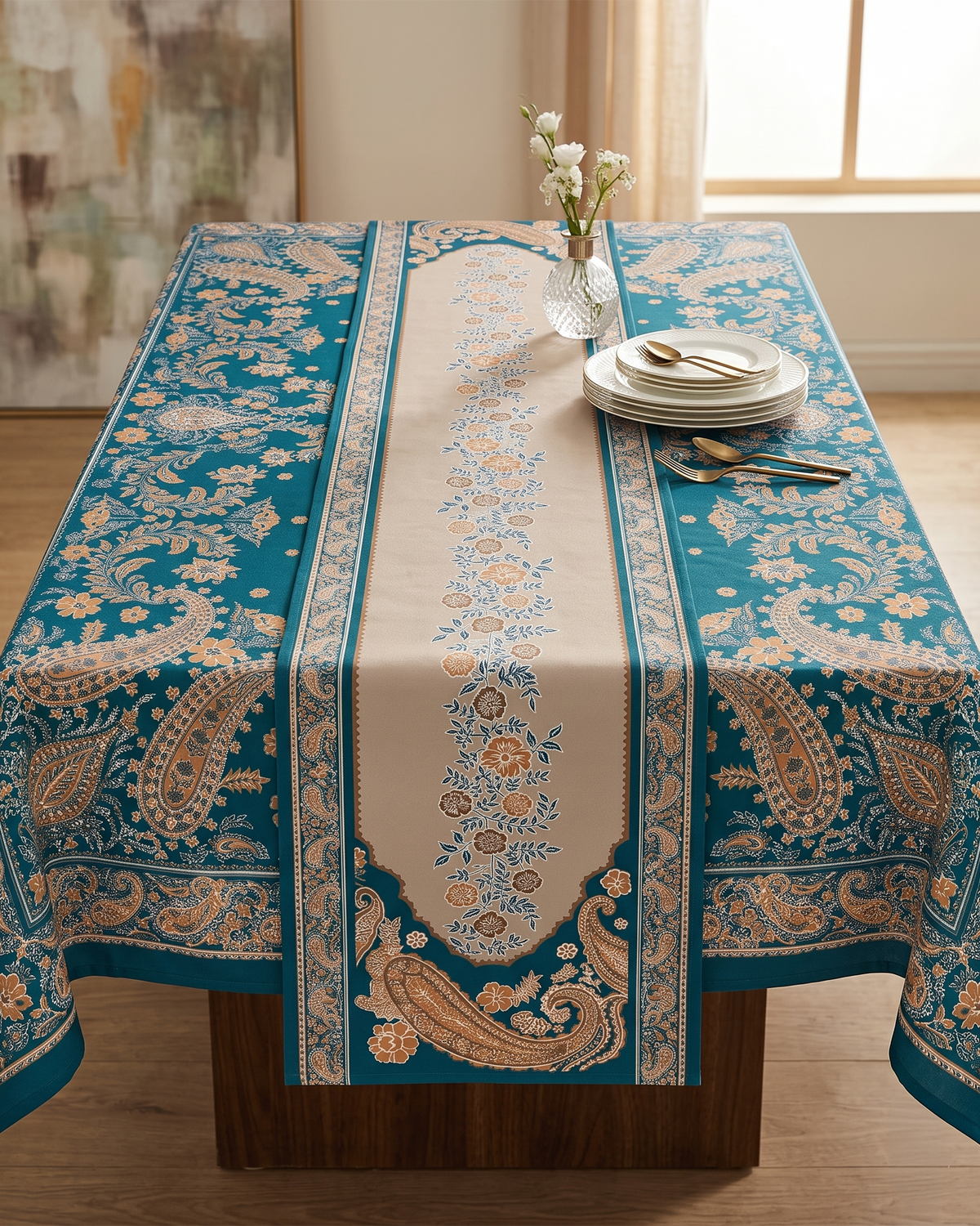 Paisely Teal Cotton Table Runnner