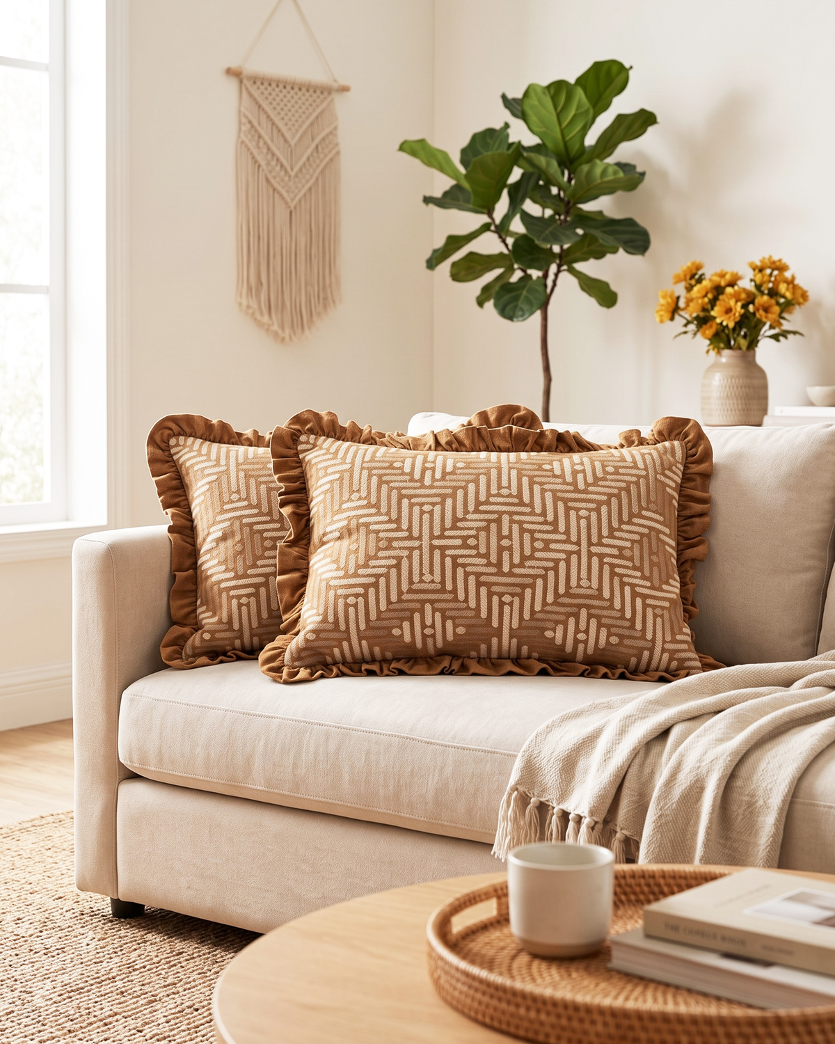 Texture Illusion Brown  Velvet Embroidered Cushion Cover