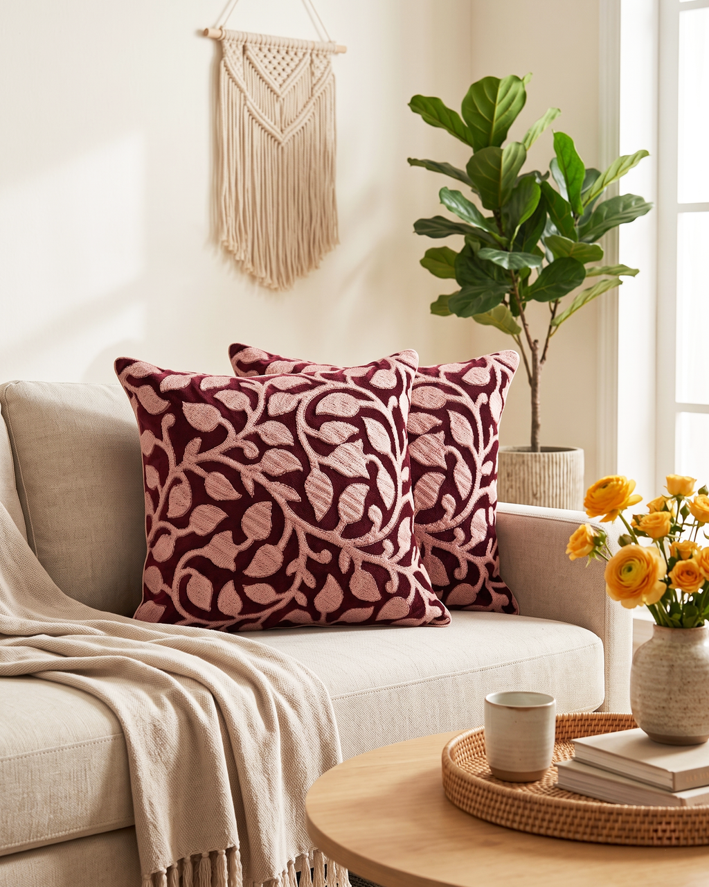 Leafy Wine velvet embroidered cushion cover