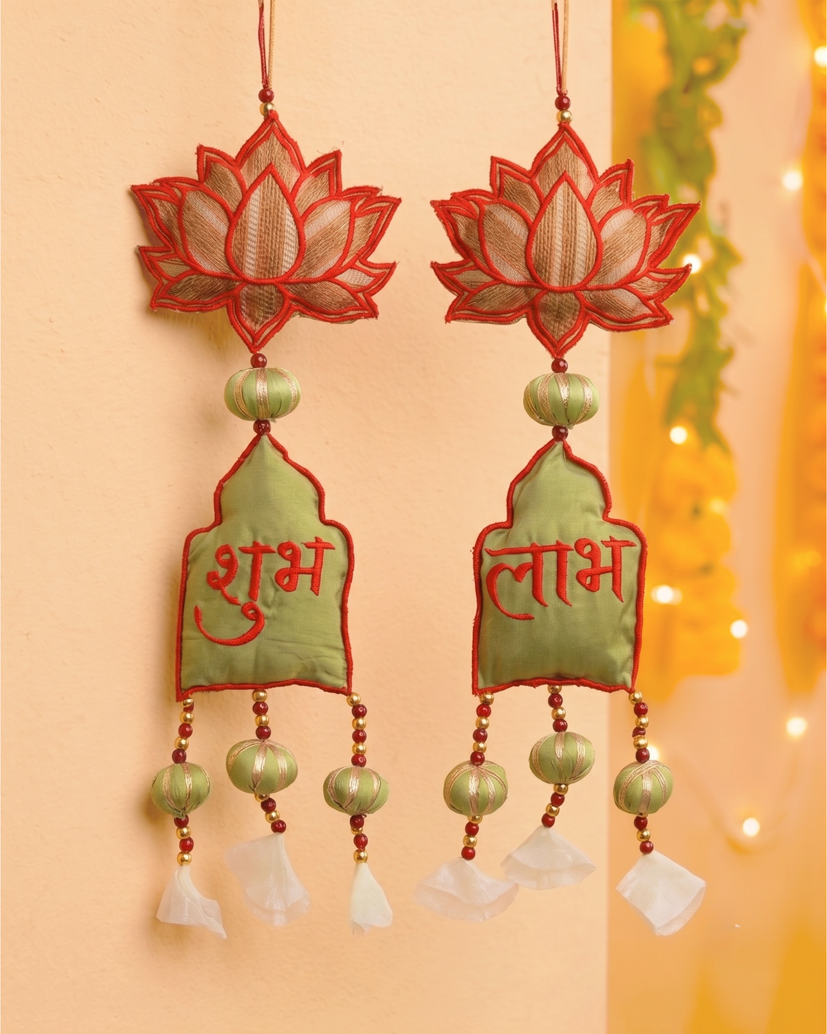 Red and Green Lotus Shubh Labh - Set of 2
