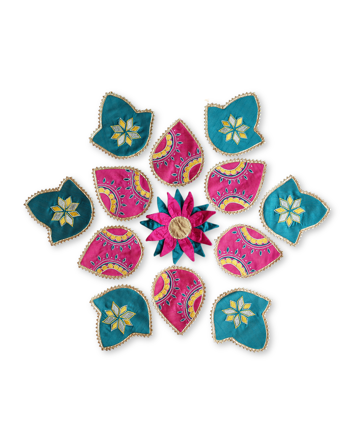 Pink Teal Fabric Embroidered Rangoli - Set of 13