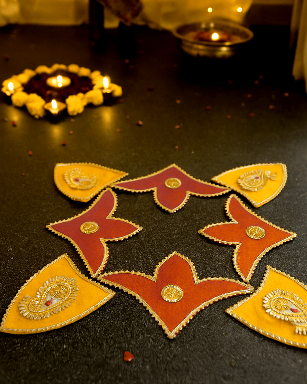 Yellow Orange Gota Rangoli - Set of 9