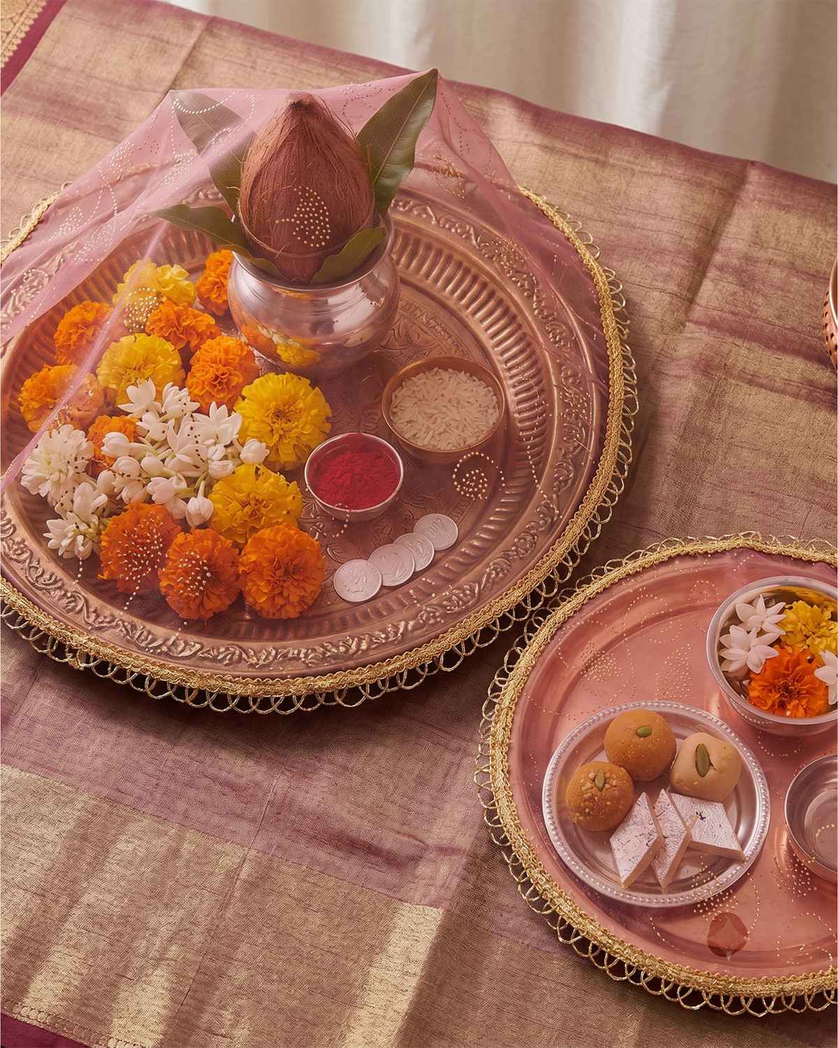 Maroon Tissue Thali Cover Set of 2 ( Diameter- 20" &16")