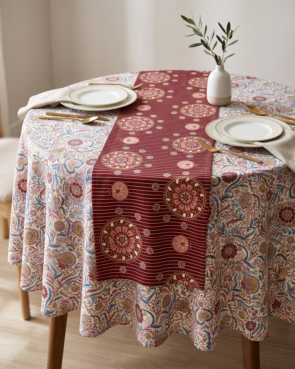 Suzani Red Cotton Water-repellent  Round Table Cover