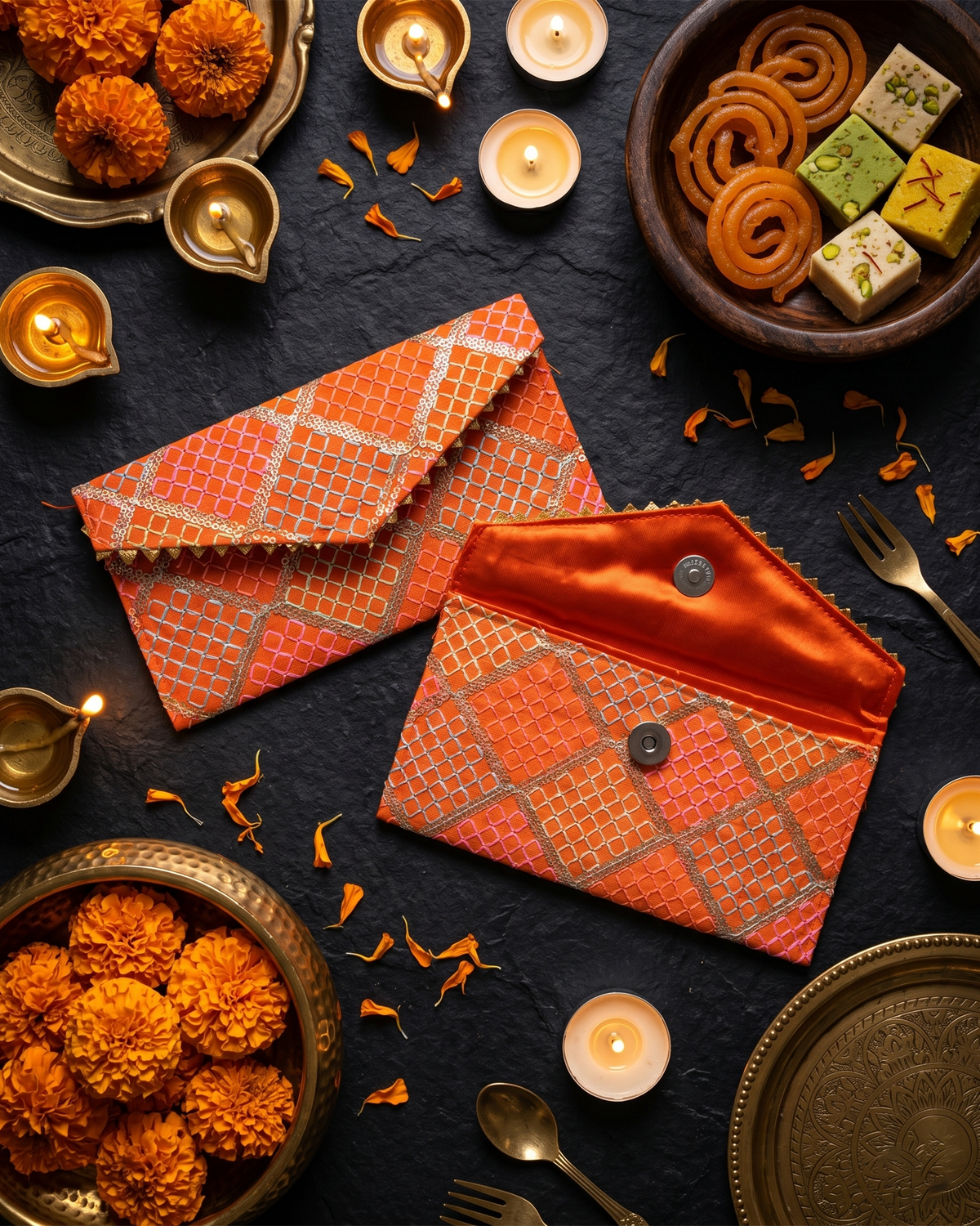 Orange Fabric with Sequence Shagun Money Envelop- Set of 2