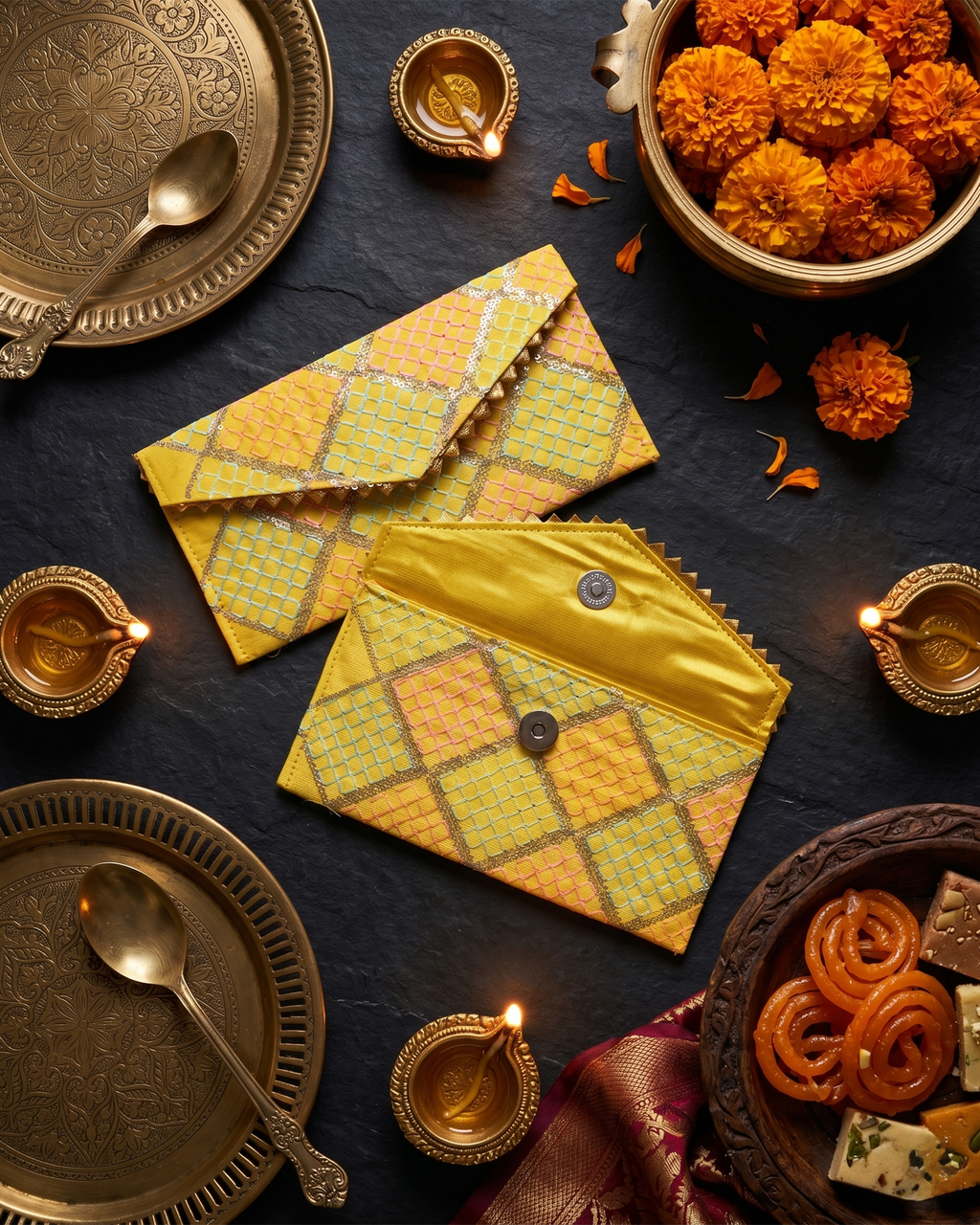 Yellow Fabric with Sequence Shagun Money Envelop- Set of 2