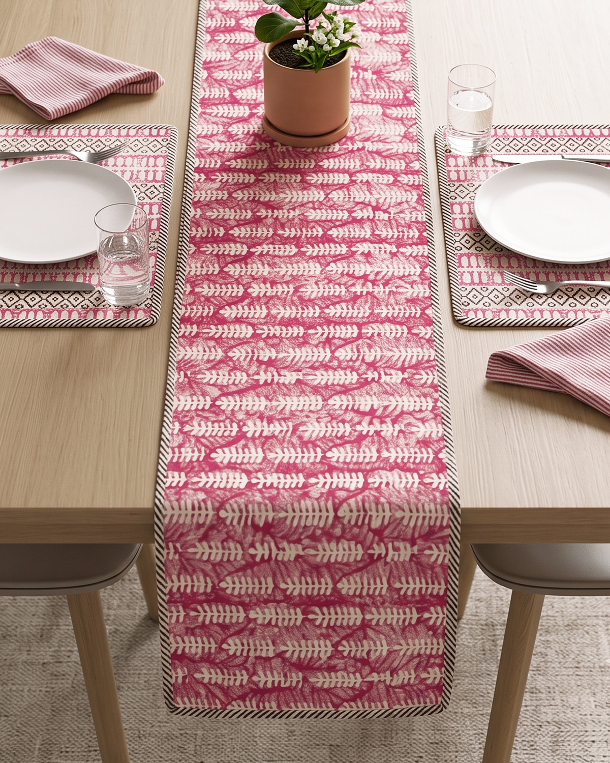 Pink Dari Block Printed Reversible Table Runner