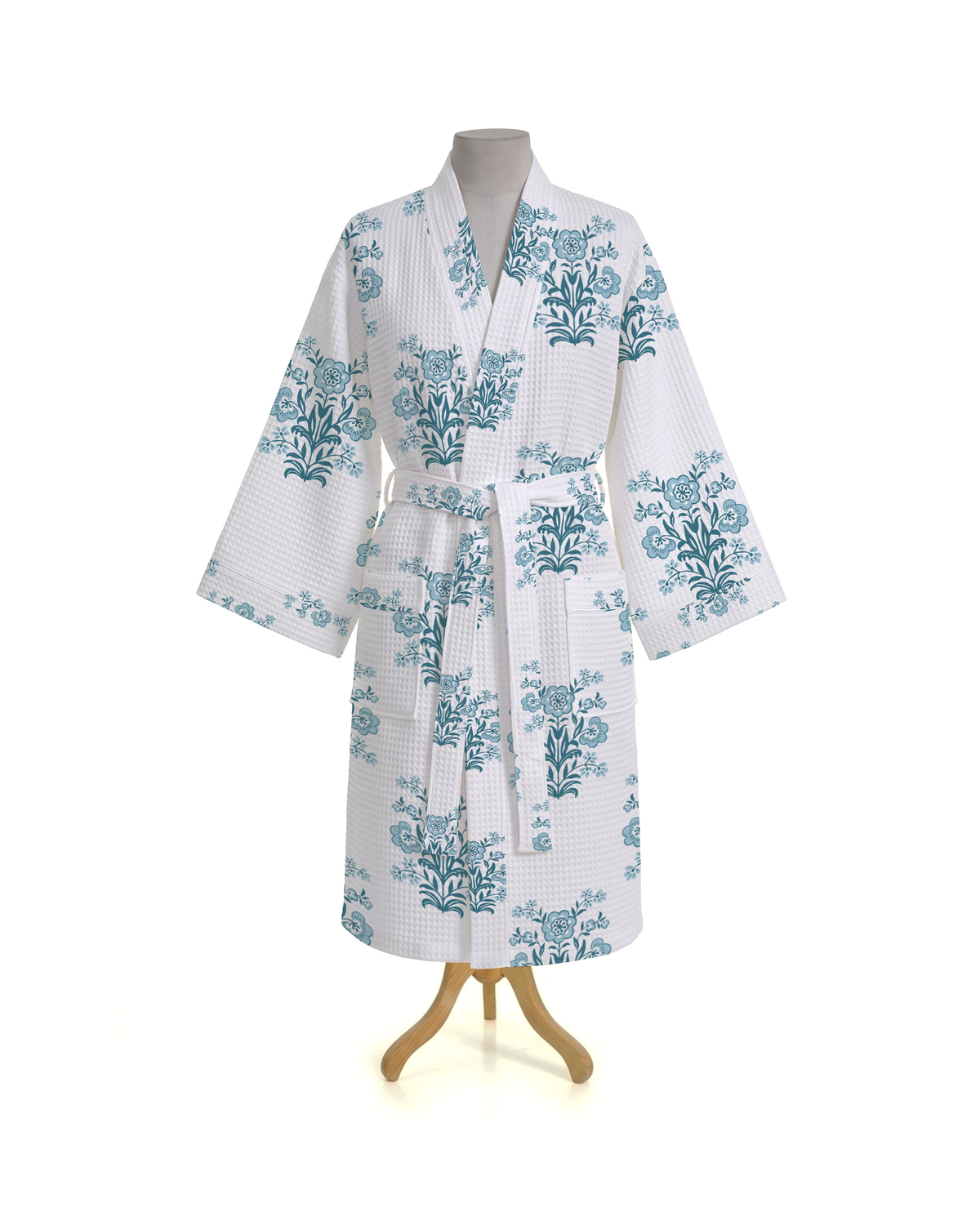 Blue Buta Cotton Waffle Printed  Bathrobe