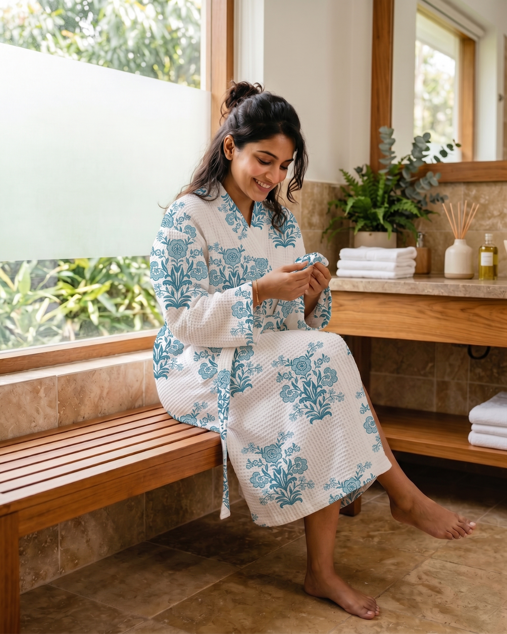 Blue Buta Cotton Waffle Printed  Bathrobe