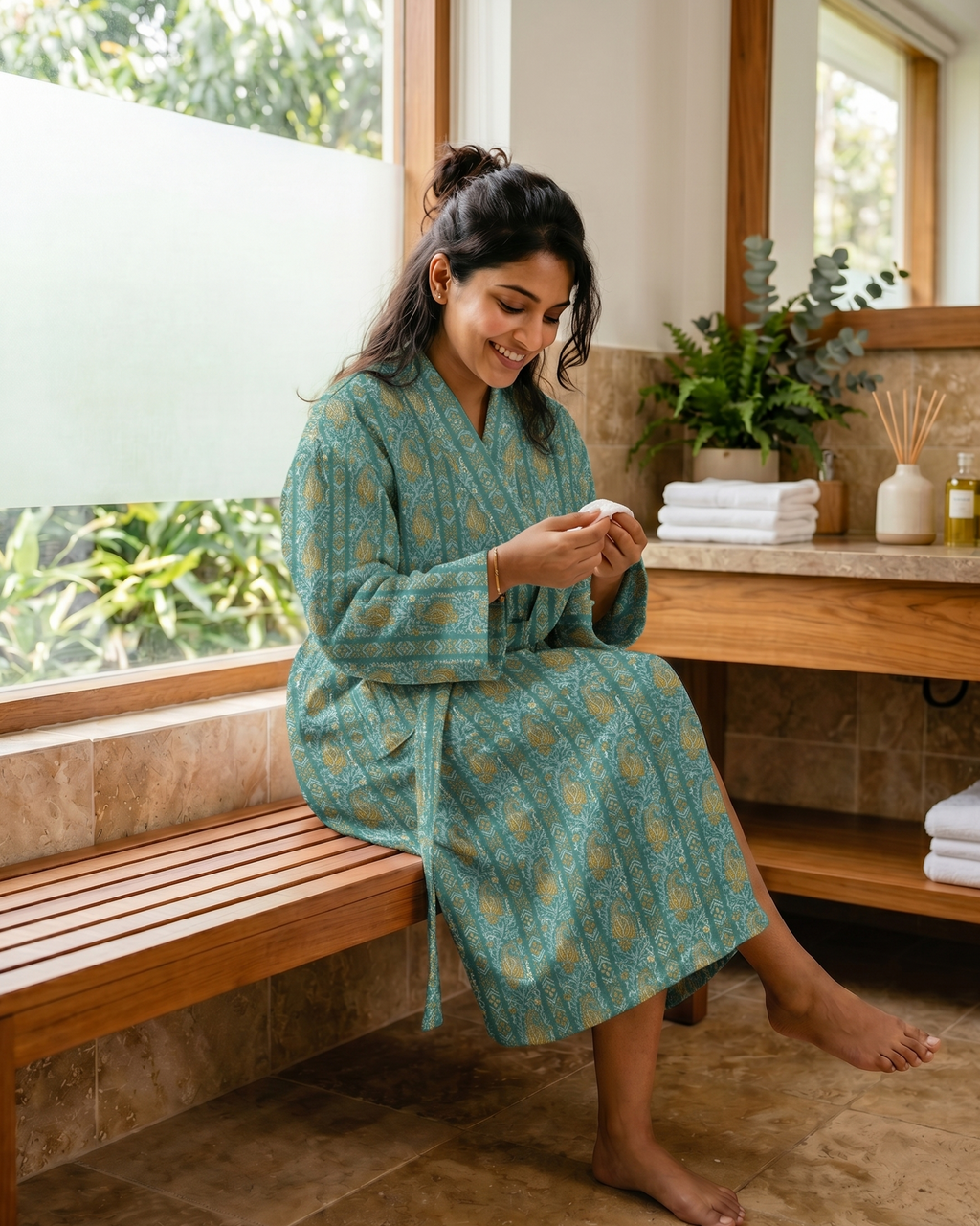 Fable Green 100% Cotton Waffle Bathrobe