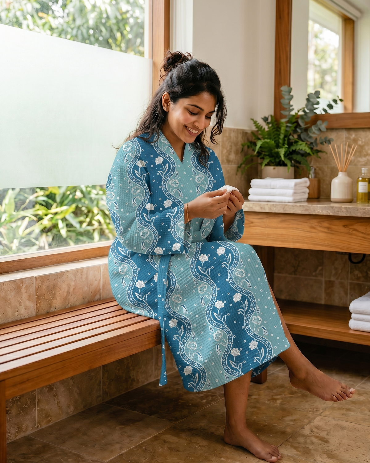 Storybook Floral Blue Waffle Bathrobe