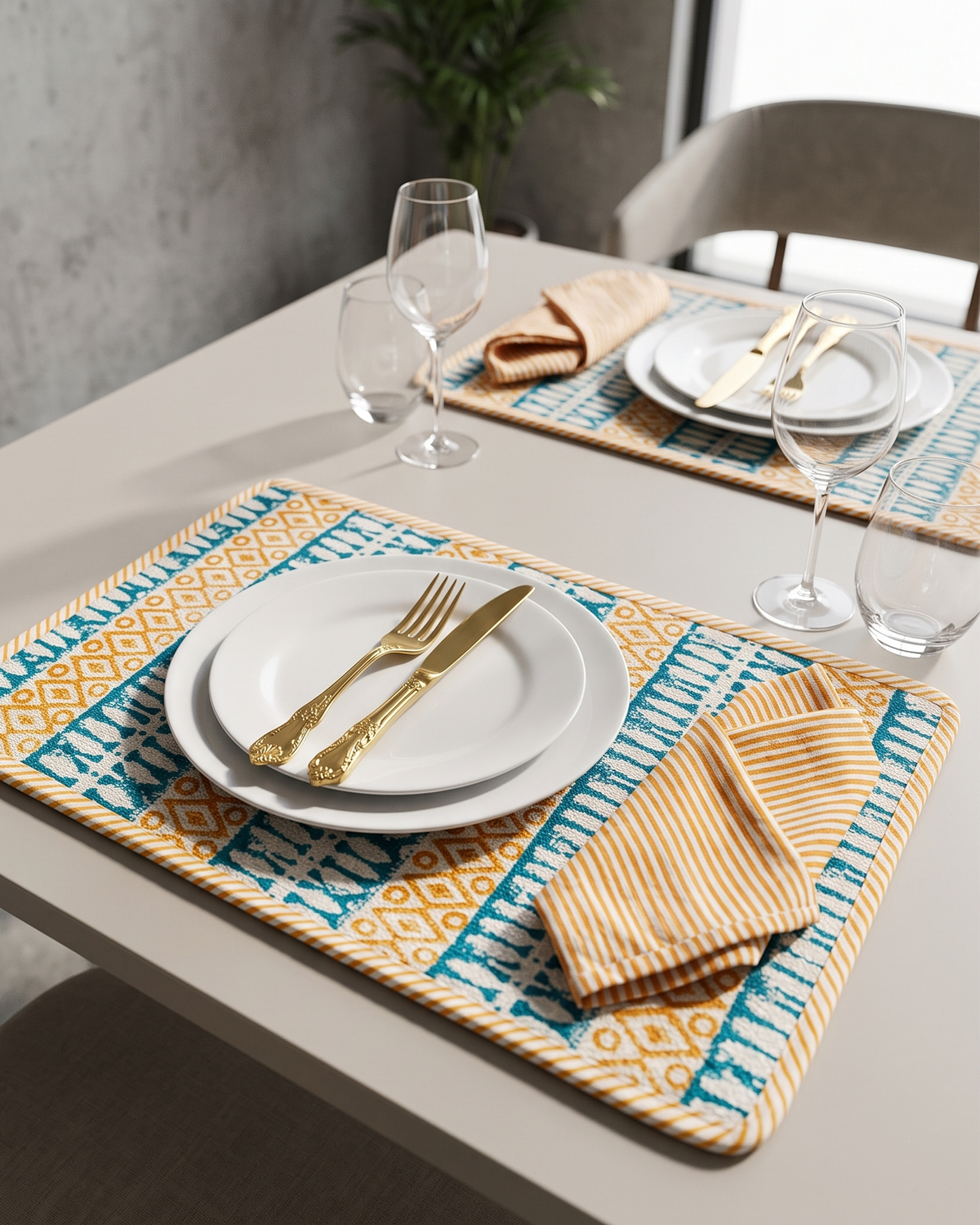 Yellow Stripes Block Printed Cotton Napkins